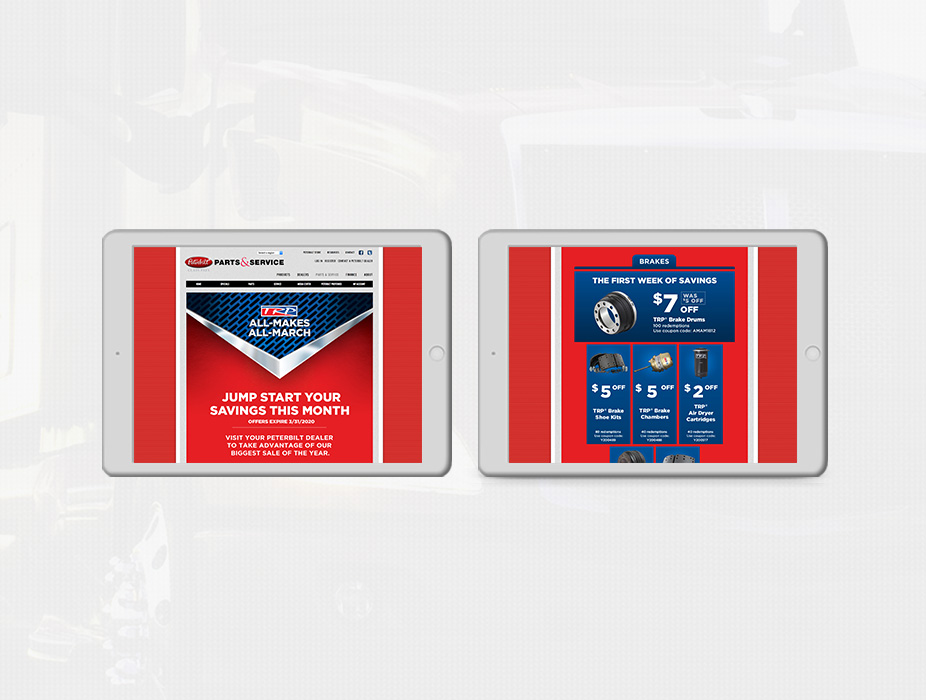 Images of Peterbilt's website that show the All-Makes All-March Campaign on a tablet