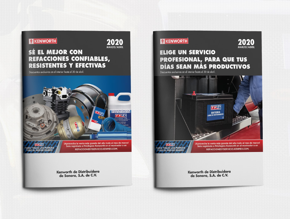 Two images of Kenworth magazine advertisements that are written in Spanish